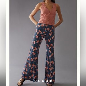 NWT Anthropologie Drapey‎ Flare Pants Blue Motif Orange Floral